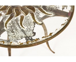 Rene Prou round coffee table in patinated gold metal and screen-printed glass top 1930