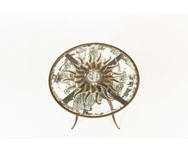 Rene Prou round coffee table in patinated gold metal and screen-printed glass top 1930