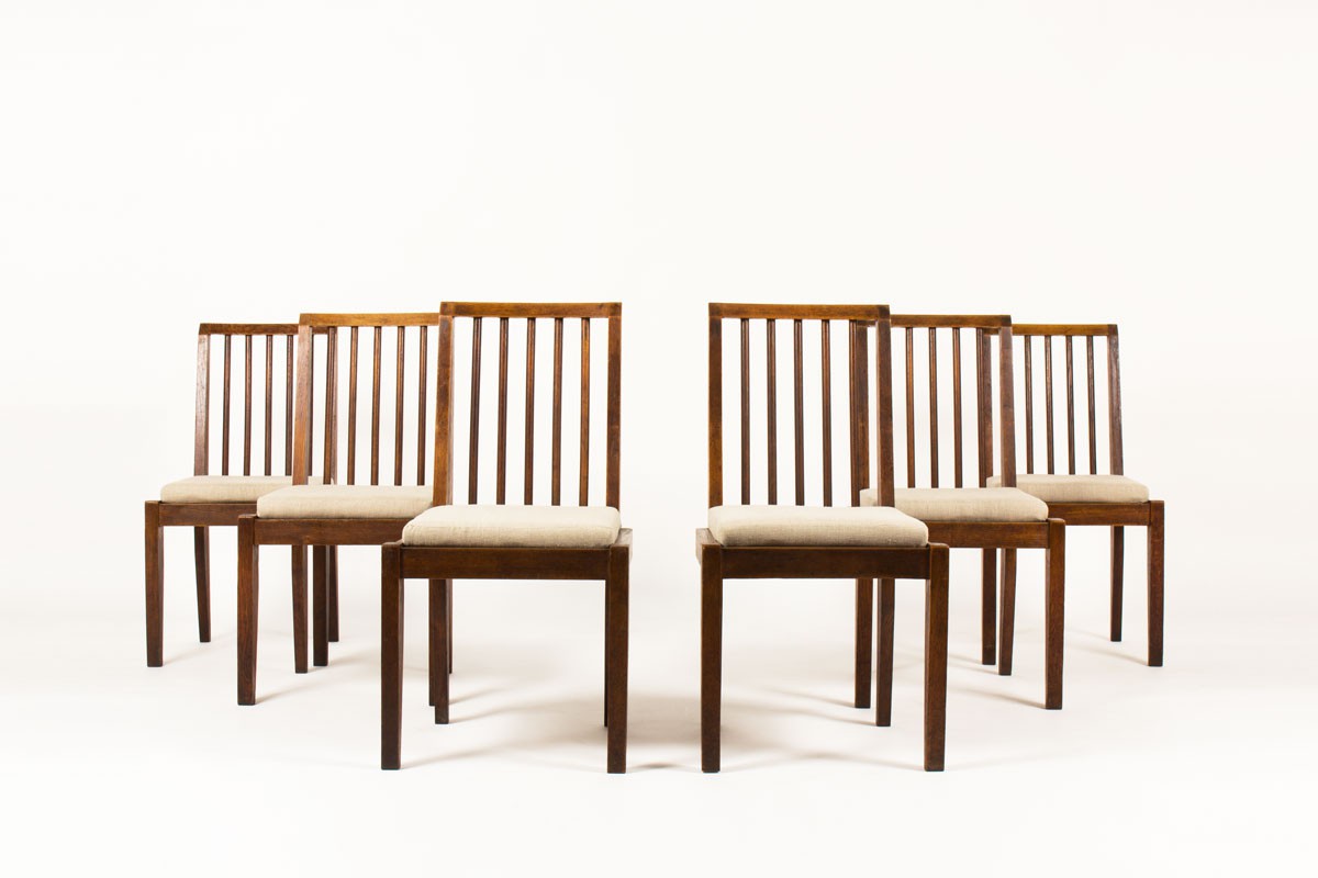 Guillerme and Chambron chairs oak and beige linen edition Votre Maison 1960 set of 6