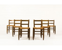 Chaises en hêtre teinté et assise paille 1950 set de 6