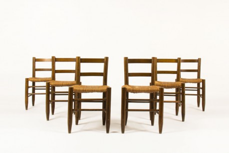 Chaises en hêtre teinté et assise paille 1950 set de 6
