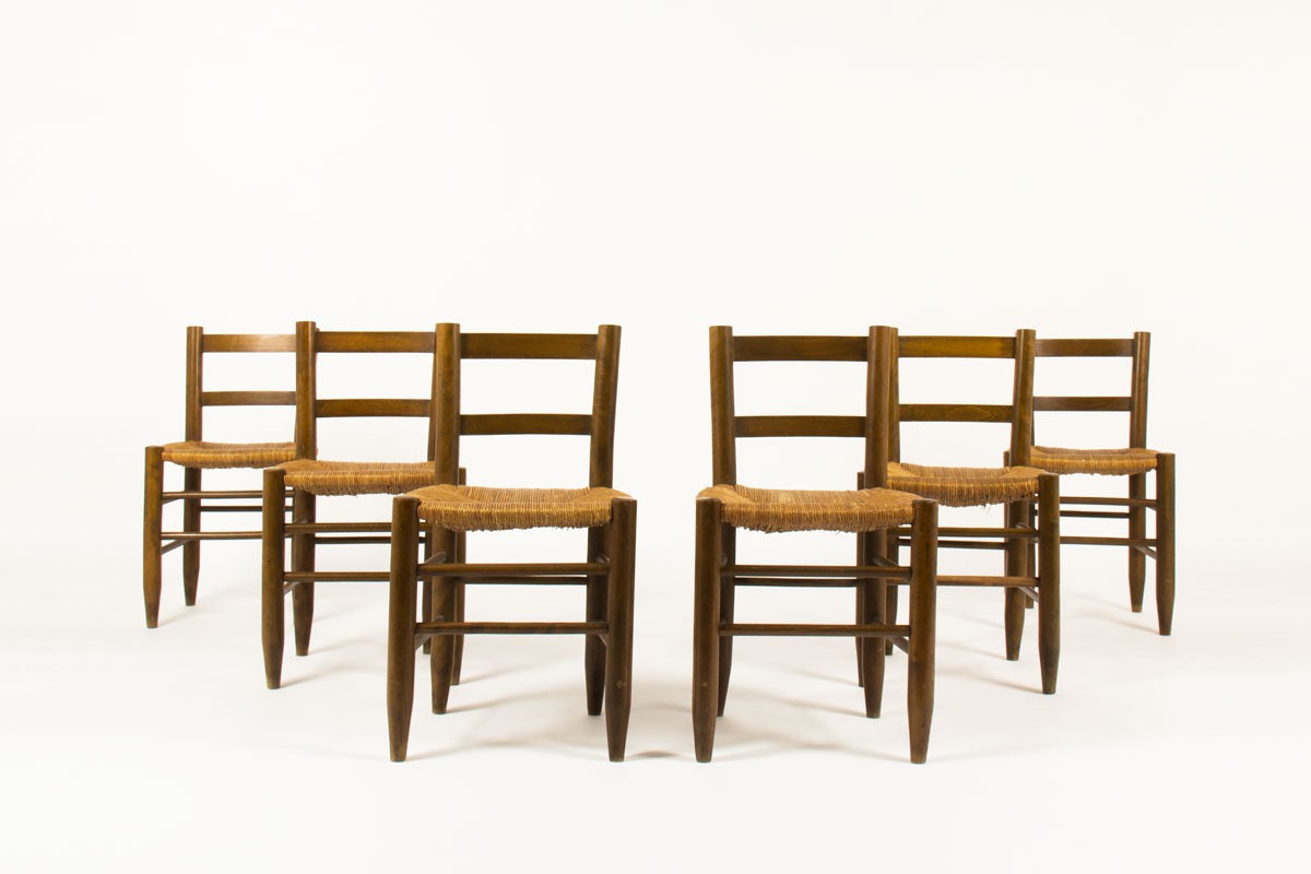 Chaises en hêtre teinté et assise paille 1950 set de 6