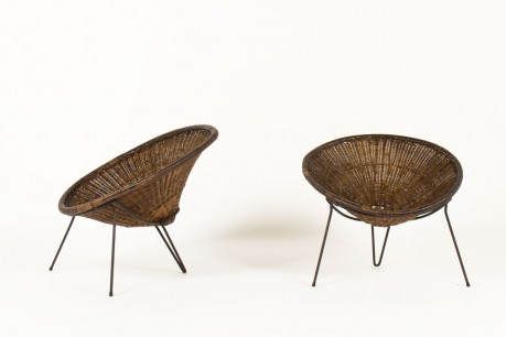 Fauteuils Roberto Mango métal noir et rotin 1950 set de 2