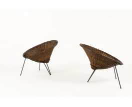 Roberto Mango armchairs black metal and rattan 1950 set of 2