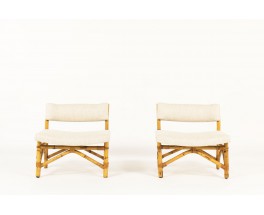 Low chairs in rattan and beige linen fabric 1950 set of 2