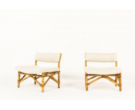 Low chairs in rattan and beige linen fabric 1950 set of 2