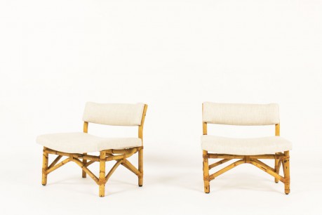 Low chairs in rattan and beige linen fabric 1950 set of 2