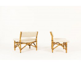 Low chairs in rattan and beige linen fabric 1950 set of 2