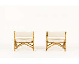 Low chairs in rattan and beige linen fabric 1950 set of 2