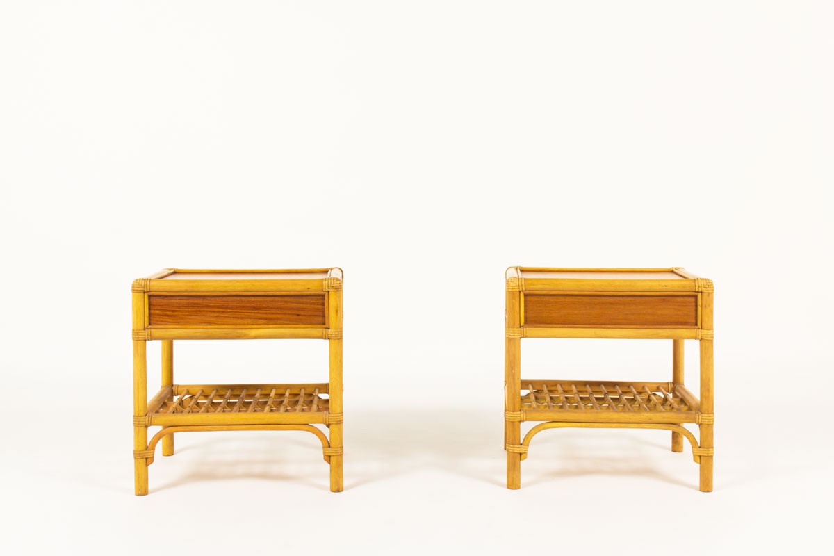 Nightstands in bamboo and mahogany 1950 set of 2
