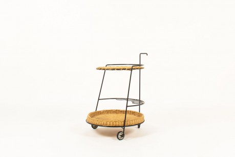 Service table with wheels in black metal and rattan 1950