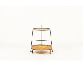 Service table with wheels in black metal and rattan 1950