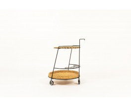 Service table with wheels in black metal and rattan 1950