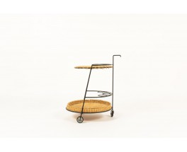 Service table with wheels in black metal and rattan 1950