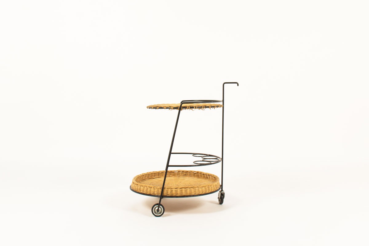 Service table with wheels in black metal and rattan 1950