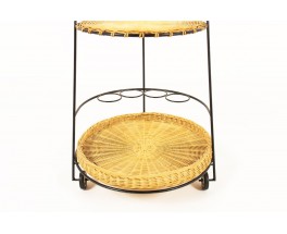 Service table with wheels in black metal and rattan 1950