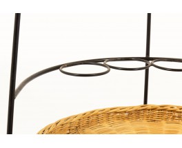 Service table with wheels in black metal and rattan 1950