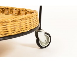 Service table with wheels in black metal and rattan 1950