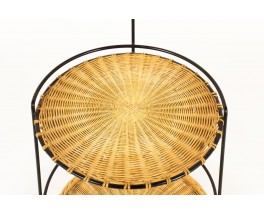 Service table with wheels in black metal and rattan 1950