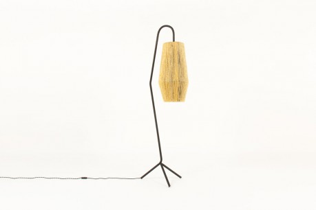 Tripod floor lamp in black metal with rope lampshade 1950