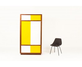 Armoire André Sornay en acajou laque blanche et jaune 1960