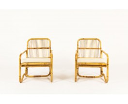 Armchairs in rattan and beige cotton fabric 1950 set of 2