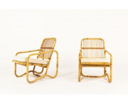 Armchairs in rattan and beige cotton fabric 1950 set of 2