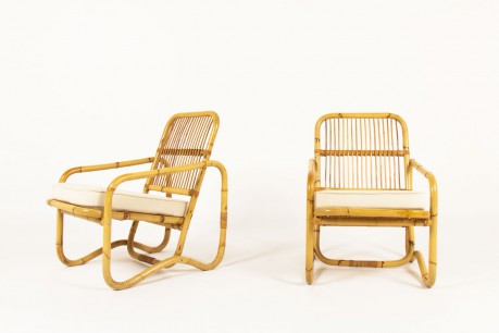 Fauteuils en rotin et tissu coton beige 1950 set de 2