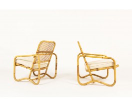 Armchairs in rattan and beige cotton fabric 1950 set of 2