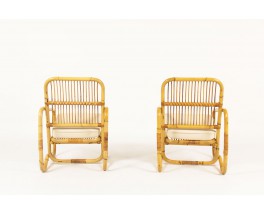 Armchairs in rattan and beige cotton fabric 1950 set of 2