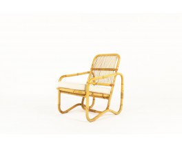 Armchair in rattan and beige cotton fabric 1950