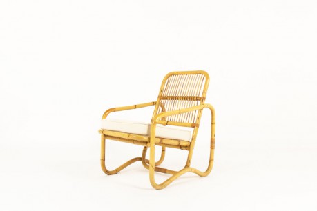Armchair in rattan and beige cotton fabric 1950