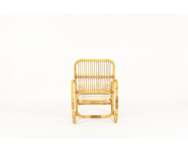 Armchair in rattan and beige cotton fabric 1950