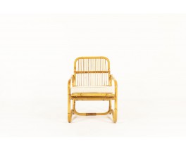 Armchair in rattan and beige cotton fabric 1950