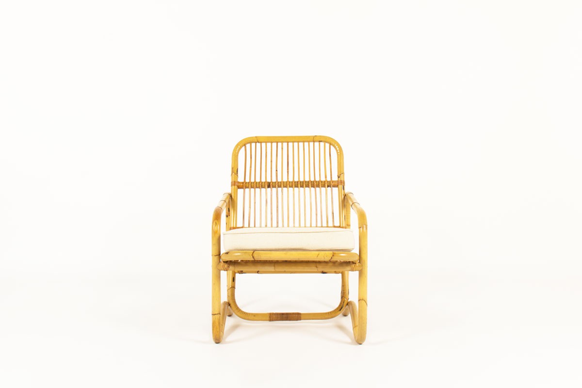 Armchair in rattan and beige cotton fabric 1950