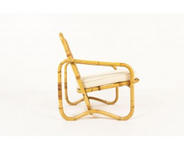 Armchair in rattan and beige cotton fabric 1950