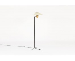 Tripod floor lamp straight black metal structure and beige lampshade 1950