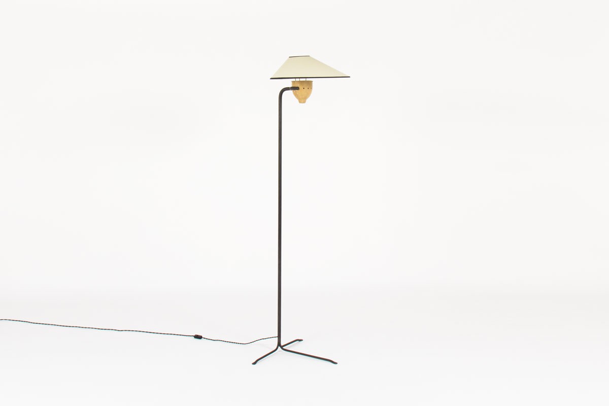 Tripod floor lamp straight black metal structure and beige lampshade 1950