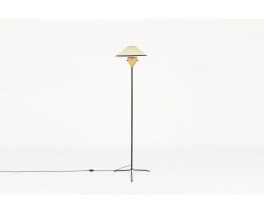 Tripod floor lamp straight black metal structure and beige lampshade 1950