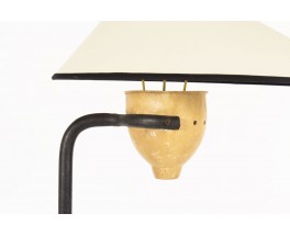 Lampadaire tripode droit structure en métal noir abat-jour beige 1950