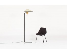 Tripod floor lamp straight black metal structure and beige lampshade 1950