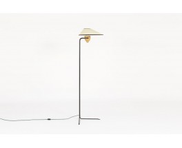 Tripod floor lamp straight black metal structure and beige lampshade 1950