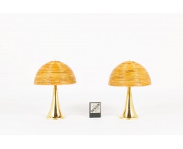 Lampes en laiton et abat-jour cloche en rotin design contemporain italien set de 2