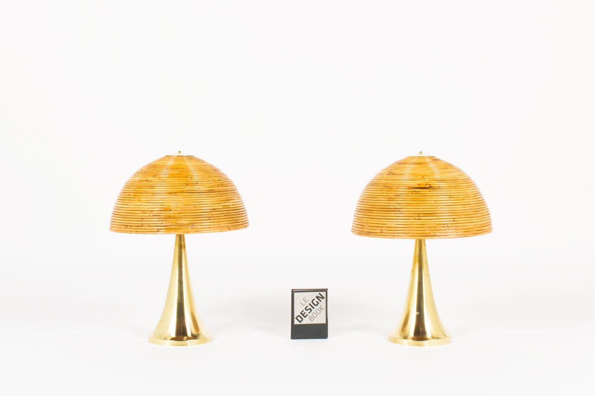 Lamps in brass with rattan dome lampshade Italian contemporary design