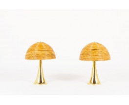 Lampes en laiton et abat-jour cloche en rotin design contemporain italien set de 2