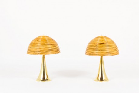 Lampes en laiton et abat-jour cloche en rotin design contemporain italien set de 2