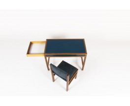 Bureau et chaise André Sornay hêtre teinté et laque bleue 1960