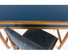 Bureau et chaise André Sornay hêtre teinté et laque bleue 1960