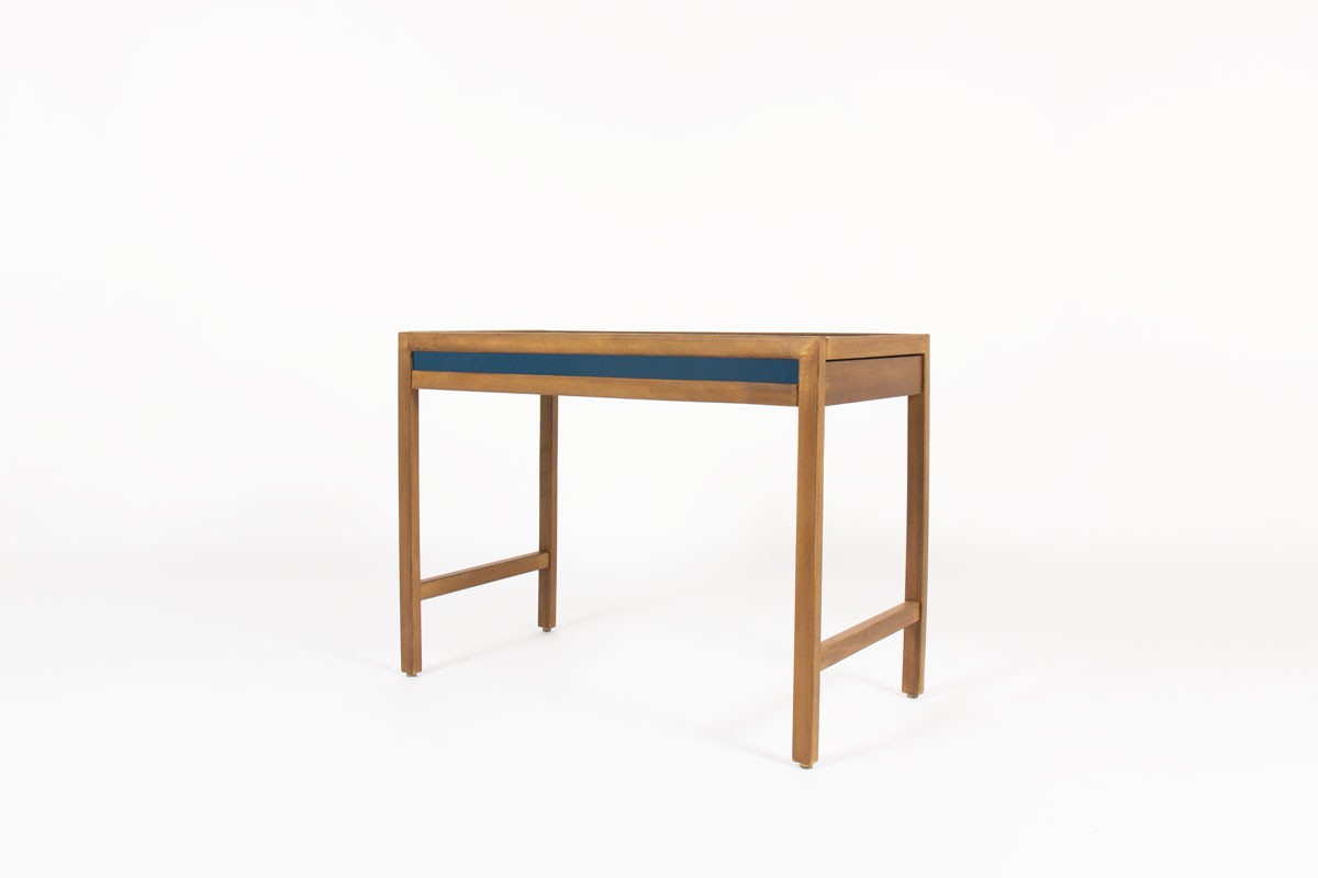 Andre Sornay desk and chair tinted beech and blue lacquer 1960
