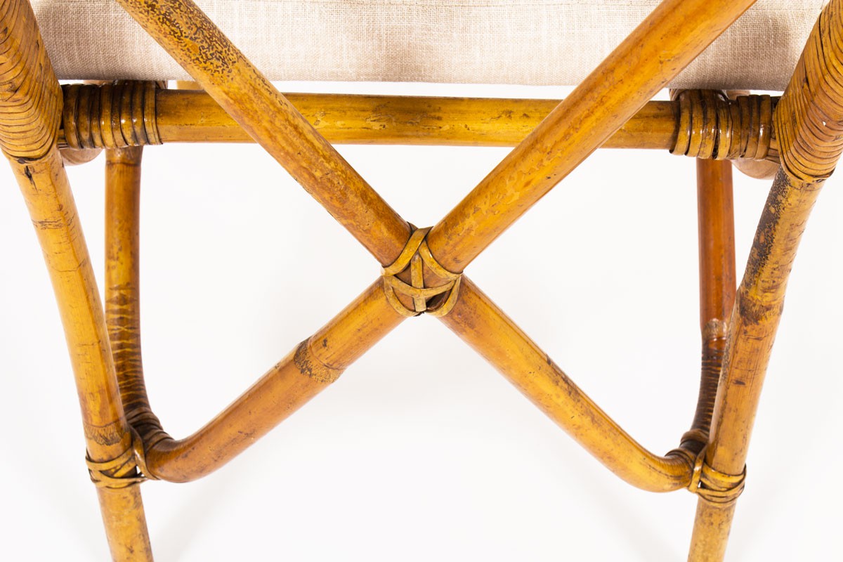 Chaises en bambou et tissu lin beige 1950 set de 6